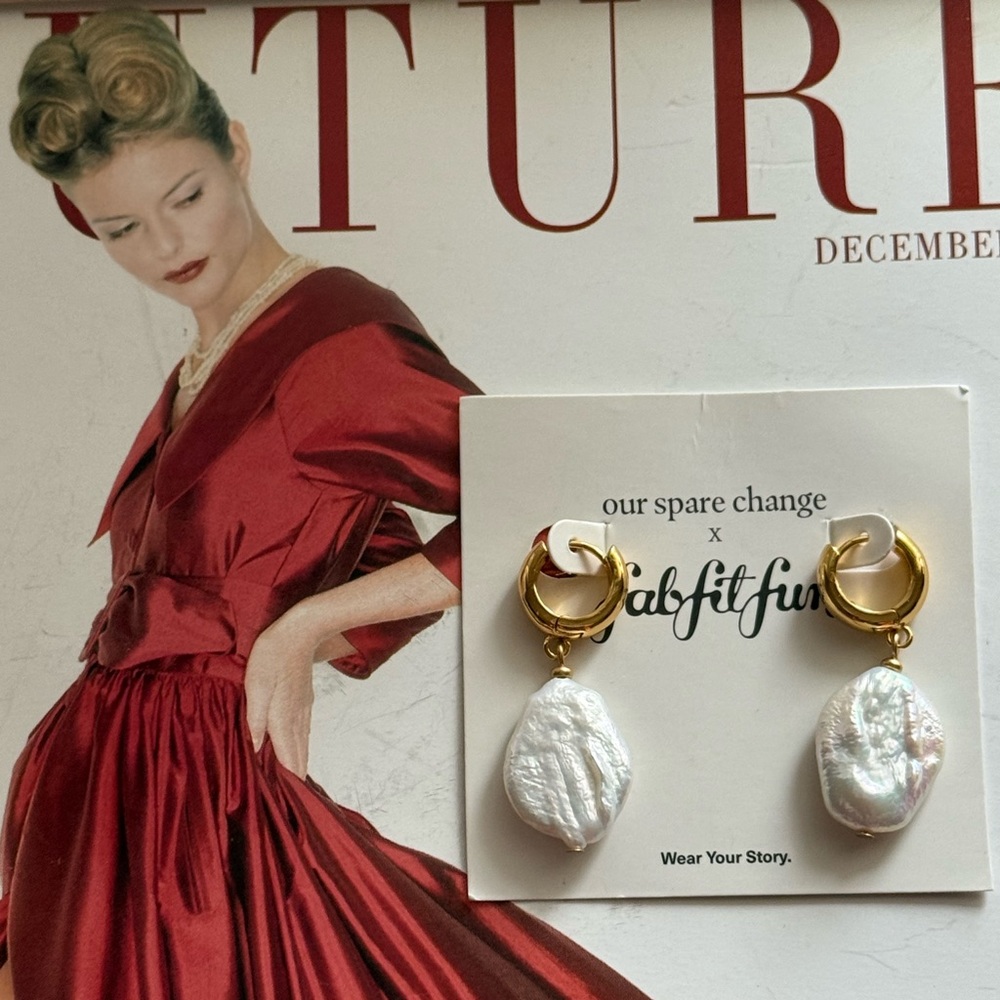 “ Our Spare Change “Gold Hoop Earrings with White Baroque Pearls